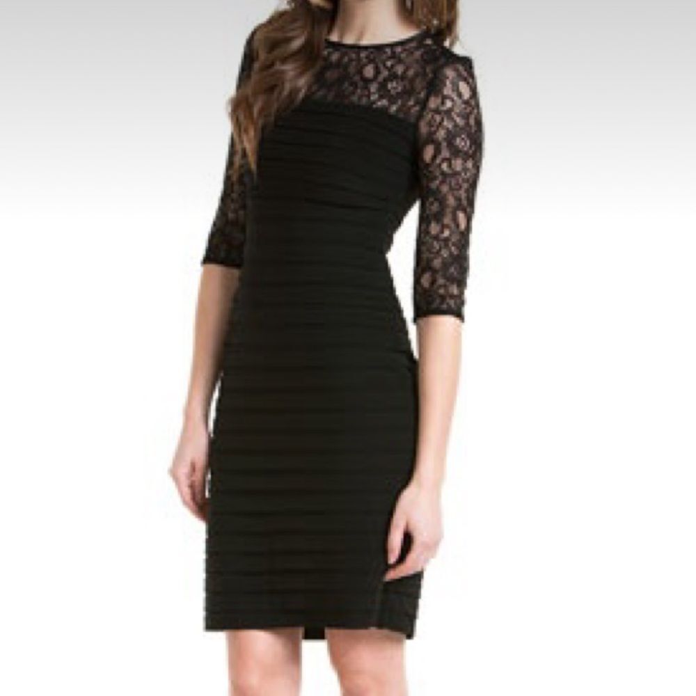 Adrianna Papell Black 3/4 Lace Sleeve Bodycon Shutter Pleat Dress, Size 8 NWOT